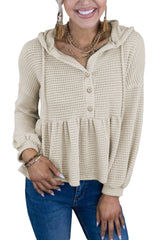 Apricot Waffle Casual Button Ruffle Knit Hoodie