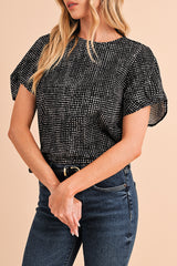 Black Dotted Puff Sleeve Round Neck Blouse