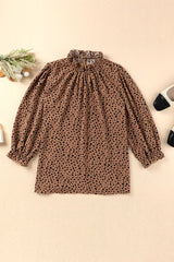 Brown Leopard Print Frill Neck 3/4 Sleeves Blouse