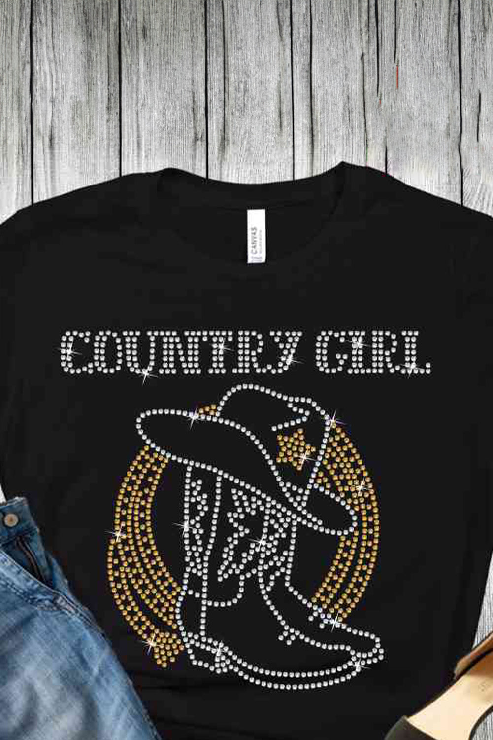 Black Rhinestone COUNTRY GIRL Boots Graphic T Shirt