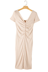 Beige V Neck Ruched Button Front Midi T Shirt Dress