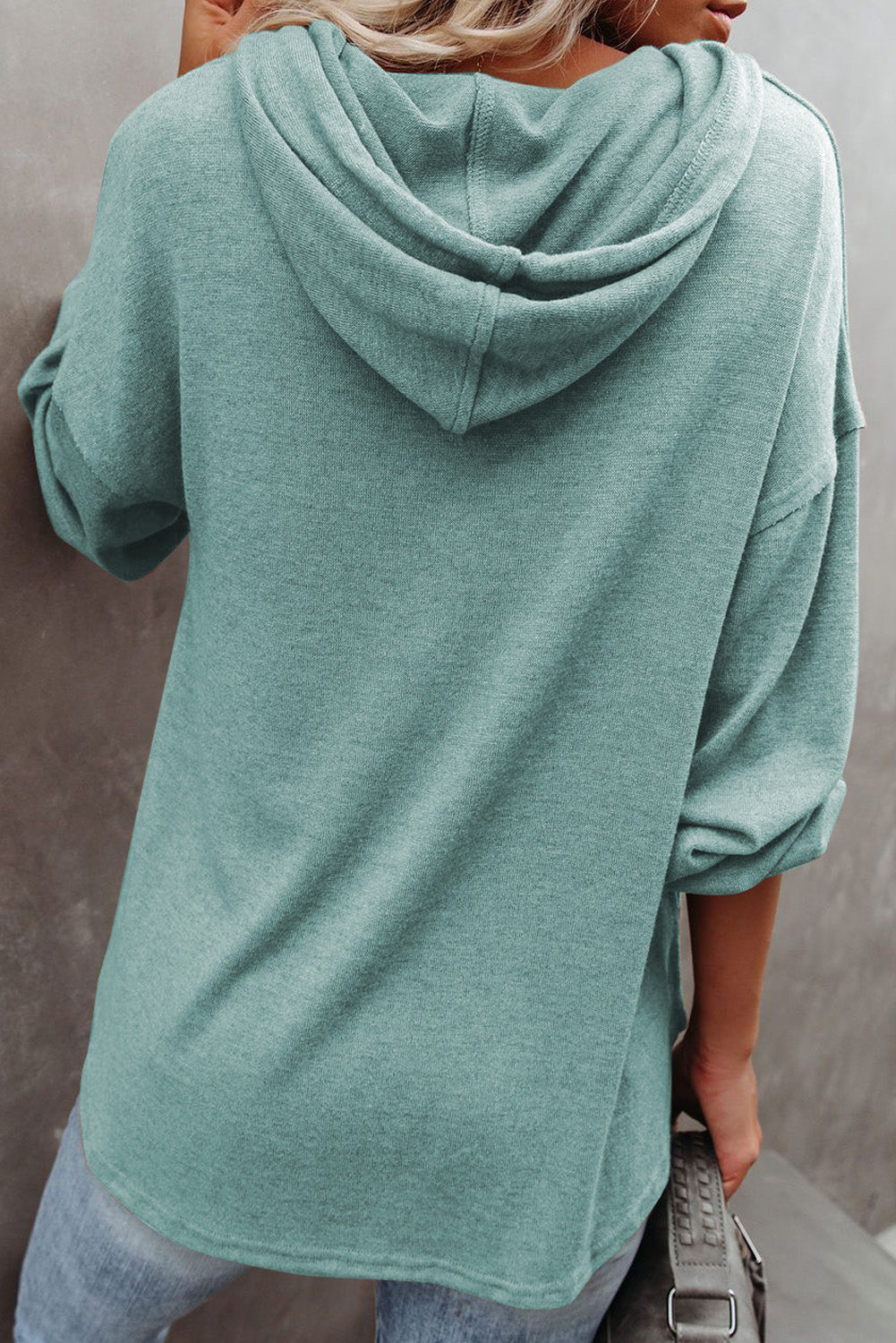Green Button Front Pullover Hooded Sweatshirt