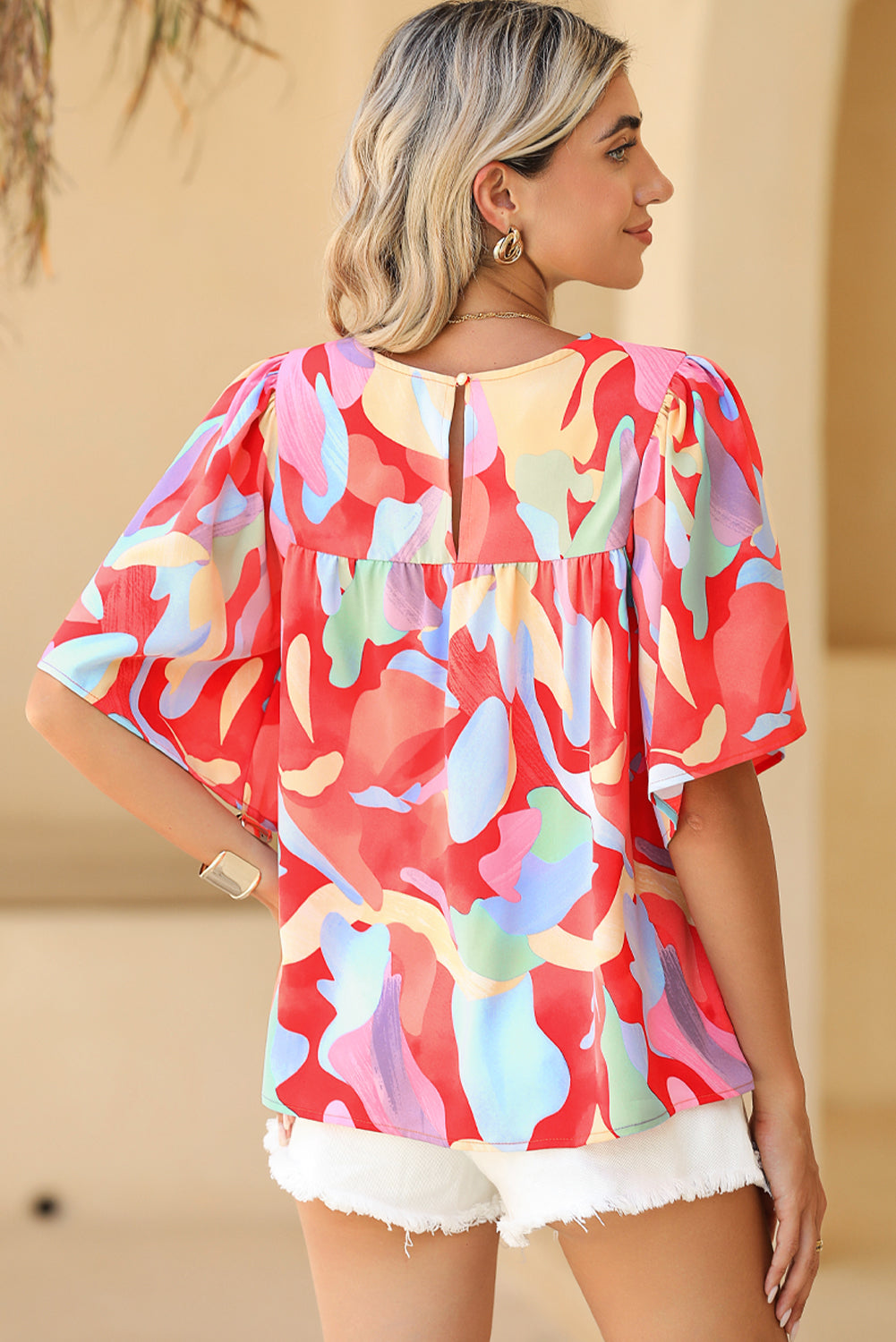 Multicolor Abstract Print Flounce Sleeve Blouse