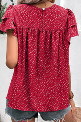 Fiery Red Spotted Print Pleated Ruffle Sleeve Blouse