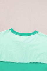 Bright Green Contrast Color Patchwork Oversized Henley T Shirt