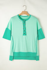 Bright Green Contrast Color Patchwork Oversized Henley T Shirt