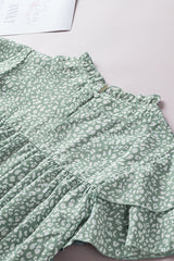 Pastel Green Cheetah Print Tiered Ruffle Sleeve Babydoll Blouse