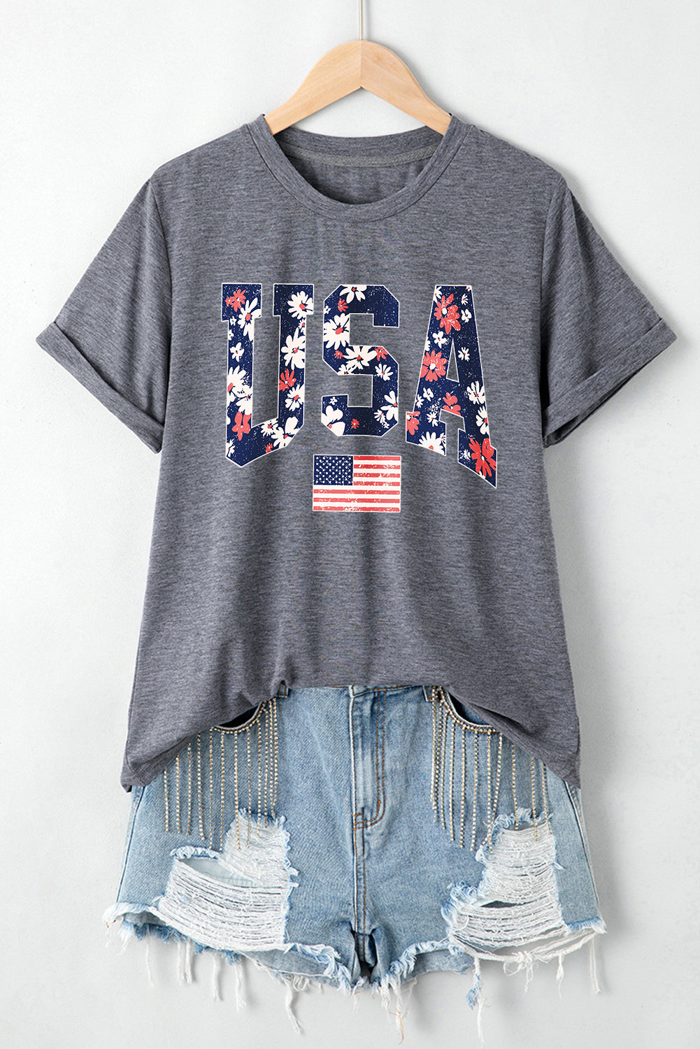 Gray Floral USA Flag Graphic Roll Up Sleeve Tee