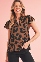 Brown Leopard Print Split Neck Ruffle Flutter Sleeve Blouse