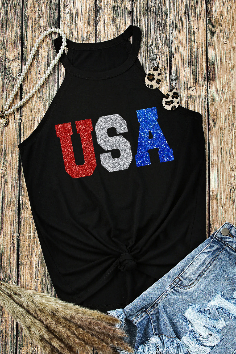 Black Sequin USA Letter Graphic Tank Top