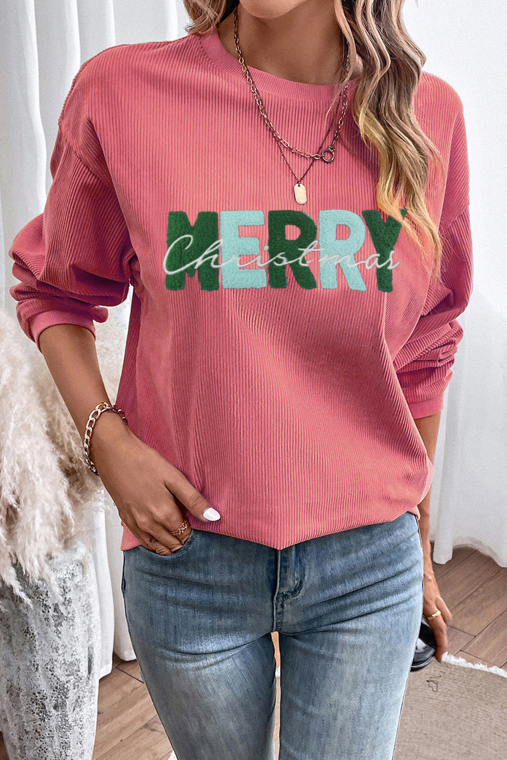 Strawberry Pink MERRY Christmas Corded Graphic Sweatshirt