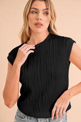 Black Solid Color Wavy Textured Cap Sleeve Top