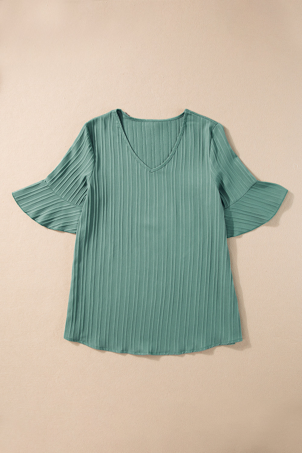 Grass Green Ruffled Short Sleeve V Neck Textured Blouse