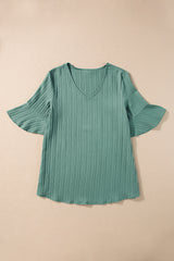 Grass Green Ruffled Short Sleeve V Neck Textured Blouse