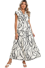 White Abstract Print V Neck Ruffle Maxi Dress