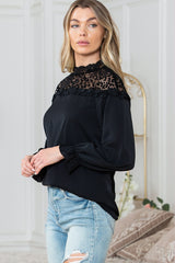 Black Leopard Sheer Splicing Lace Neck Ruffle Blouse