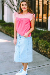 Rose Red Two Tone Pleated Ruffle Trim Blouse