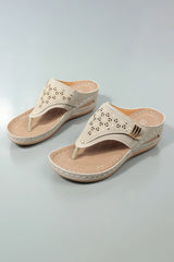 Beige Hollow Out Toe Post Thong Wedge Slides Shoes