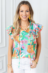 Green Tie Split Neck Ruffle Summer Cheetah Floral Blouse