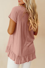 Pink Solid Color Crinkled Short Sleeve Ruffle Hem Blouse