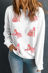 Beige Sequin Cheetah Graphic O Neck Drop Shoulder Sweatshirt