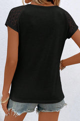 Black Lace Sleeve Keyhole Smocked Detail Blouse