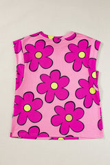 Pink Flower Print Round Neck Cap Sleeve T Shirt