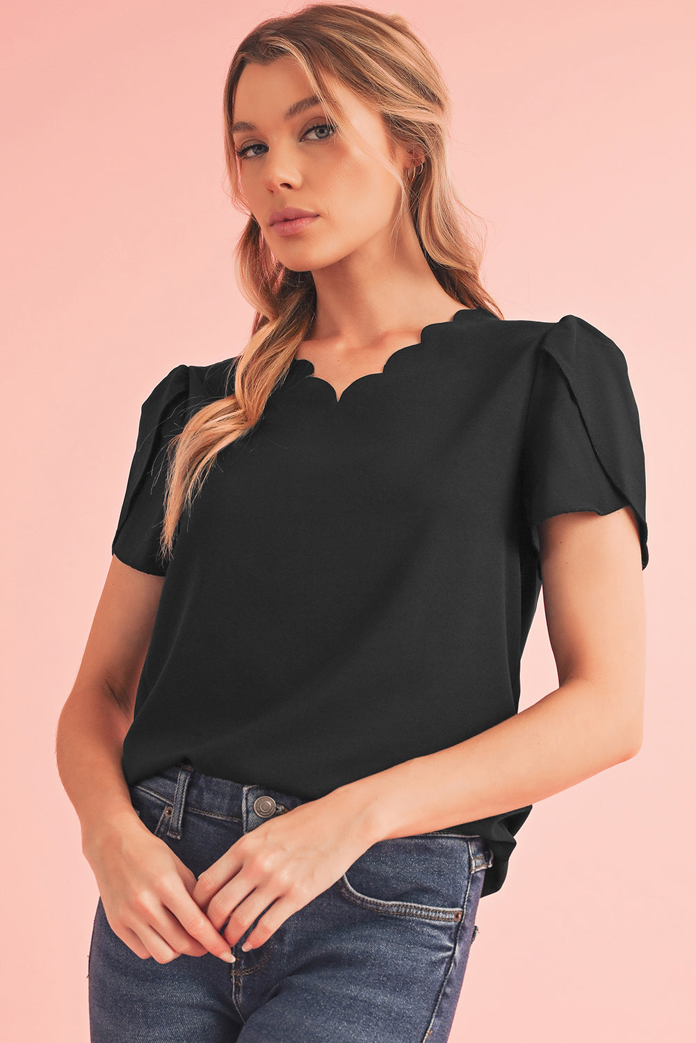 Black Scallop Trim V Neck Petal Sleeve Blouse