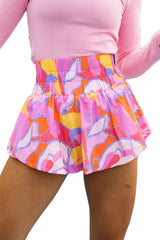 Purple Abstract Print Smocked Waist Flared Shorts