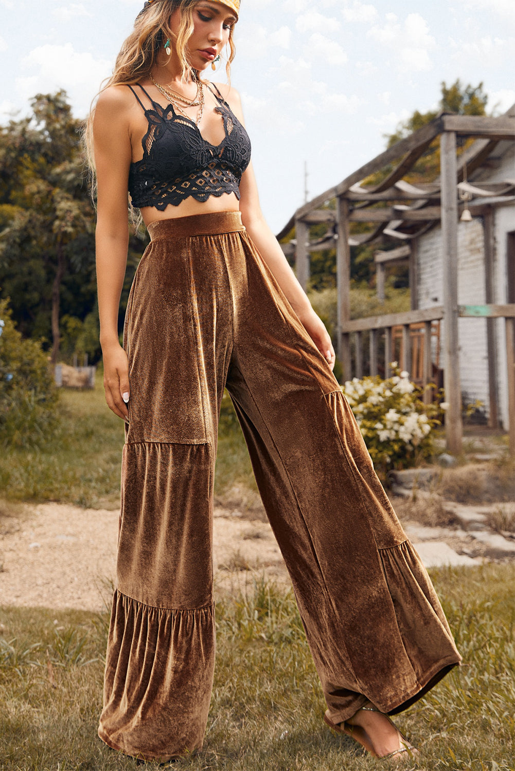 Chestnut Ruffle Hem Wide Leg Velvet Pants