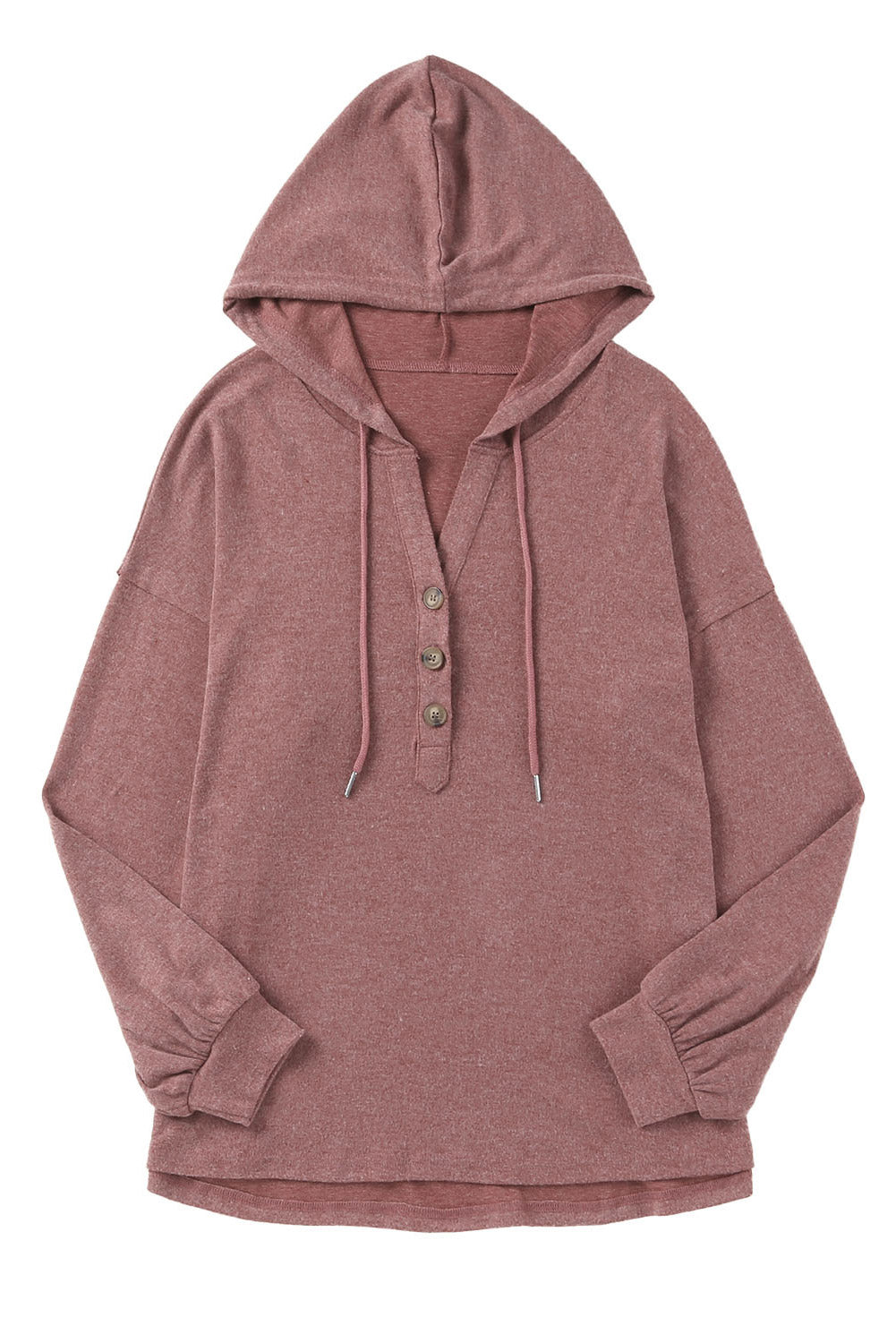 Red Casual Button High Low Hem Drawstring Hoodie