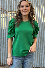 Dark Green Ruffle Puff Sleeve Textured Plain Top