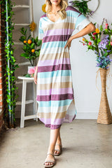 Multicolor Stripes Print Casual T Shirt Summer Dress