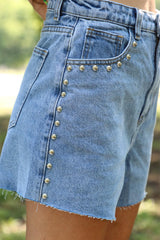 Sky Blue Casual Studded Denim Raw Hem Shorts