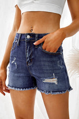 Dark Blue Distressed Raw Hem Denim Shorts