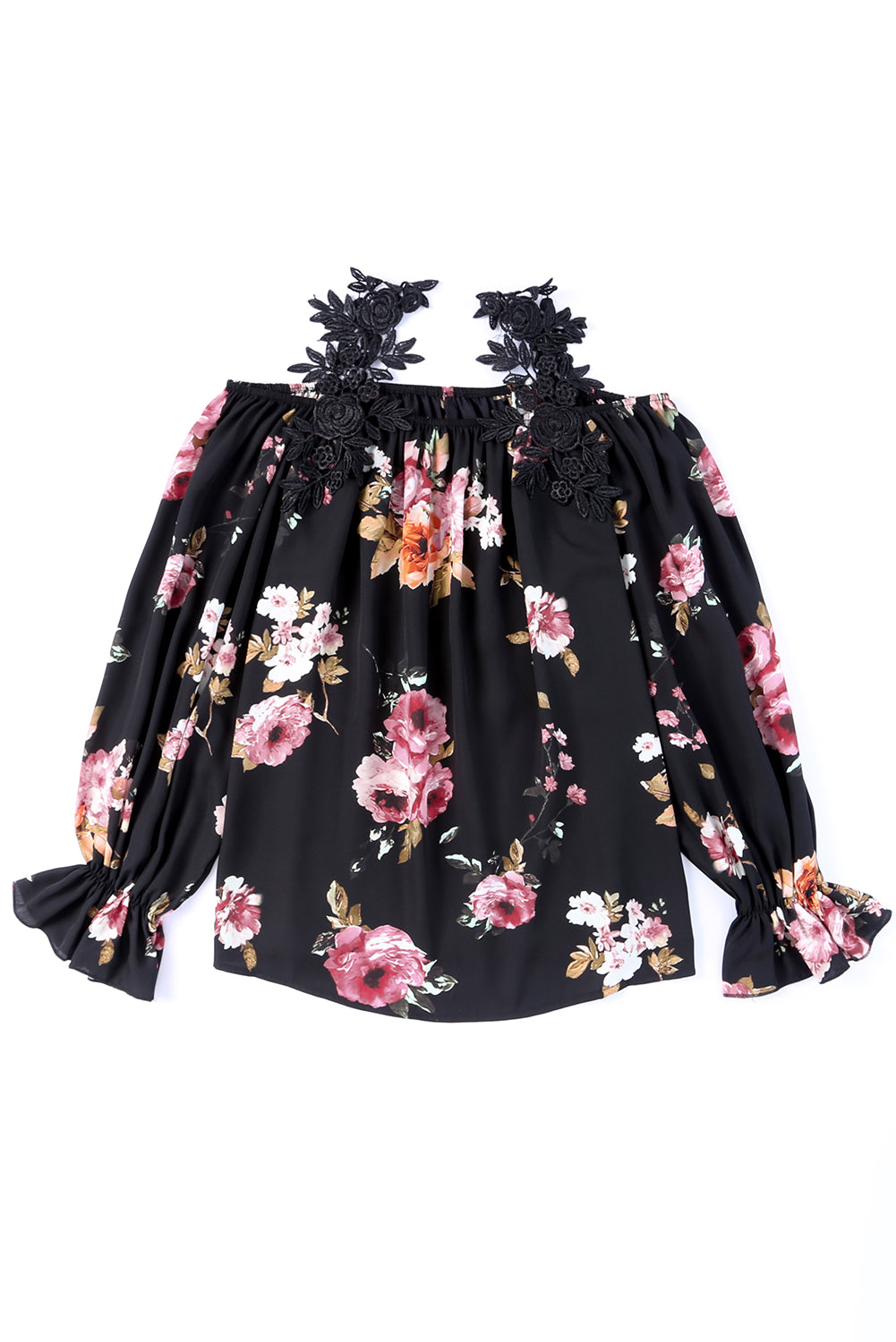 Black Floral Print Lace Loose Off Shoulder Blouse