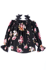 Black Floral Print Lace Loose Off Shoulder Blouse