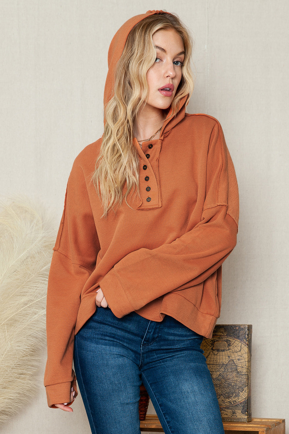 Orange Basic & Casual Button Front Pullover Hoodie