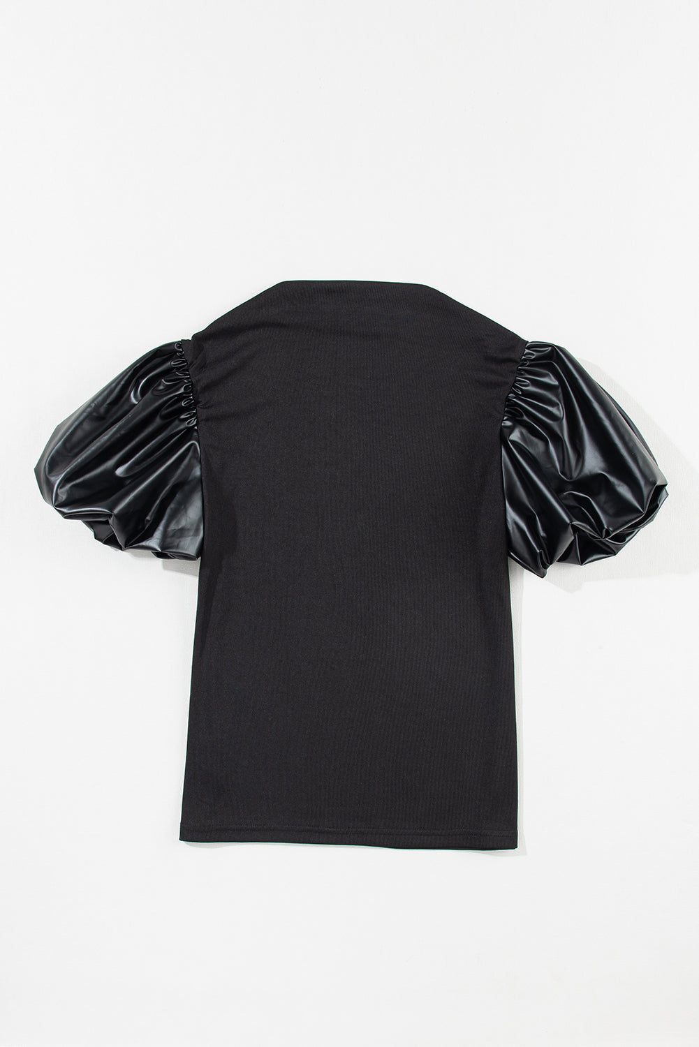 Black Mock Neck Faux Leather Puff Short Sleeve Top