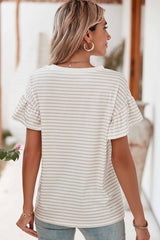 Apricot Striped Lace Splicing Ruffle Sleeve T-shirt