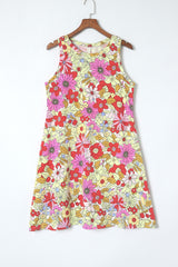 Red Round Neck Sleeveless Floral Short Dress