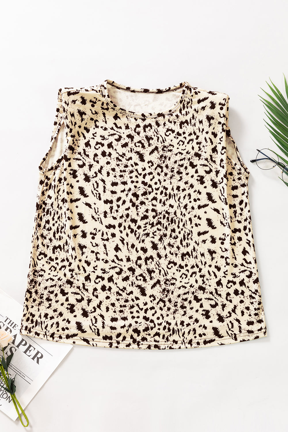 Beige Leopard Print Crewneck Sleeveless Top