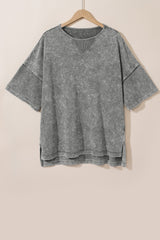 Light Grey Mineral Wash Drop Sleeve Patchwork Plus Size Tee