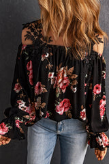 Black Floral Print Lace Loose Off Shoulder Blouse