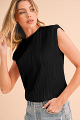 Black Solid Color Wavy Textured Cap Sleeve Top