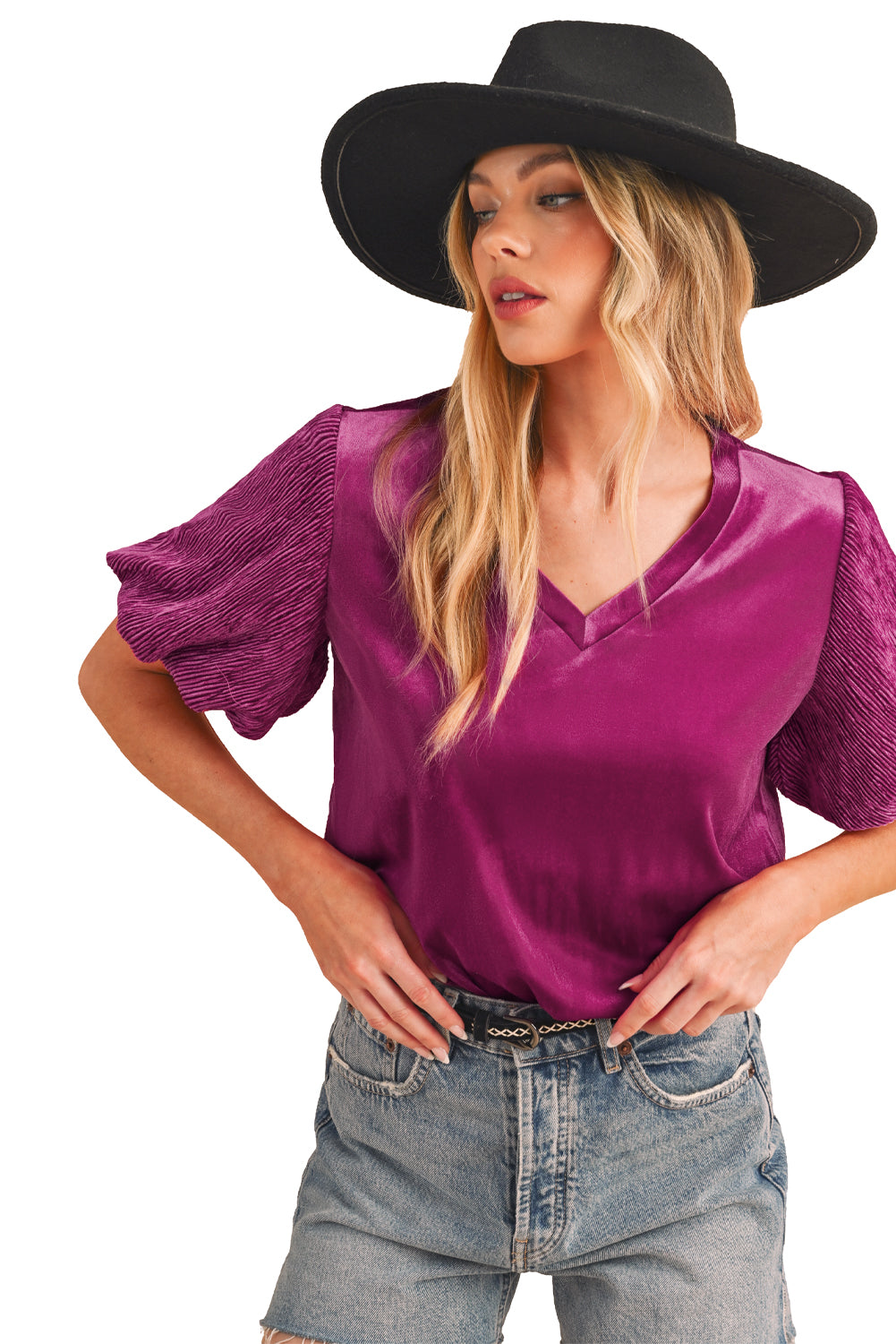 Bright Pink V-Neck Short Puff Sleeve Blouse