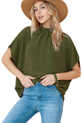 Mist Green Swiss Dot Mock Neck Batwing Sleeve Blouse