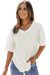 White Waffle Knit Casual Drop Shoulder Loose Top