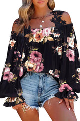 Black Floral Print Lace Loose Off Shoulder Blouse