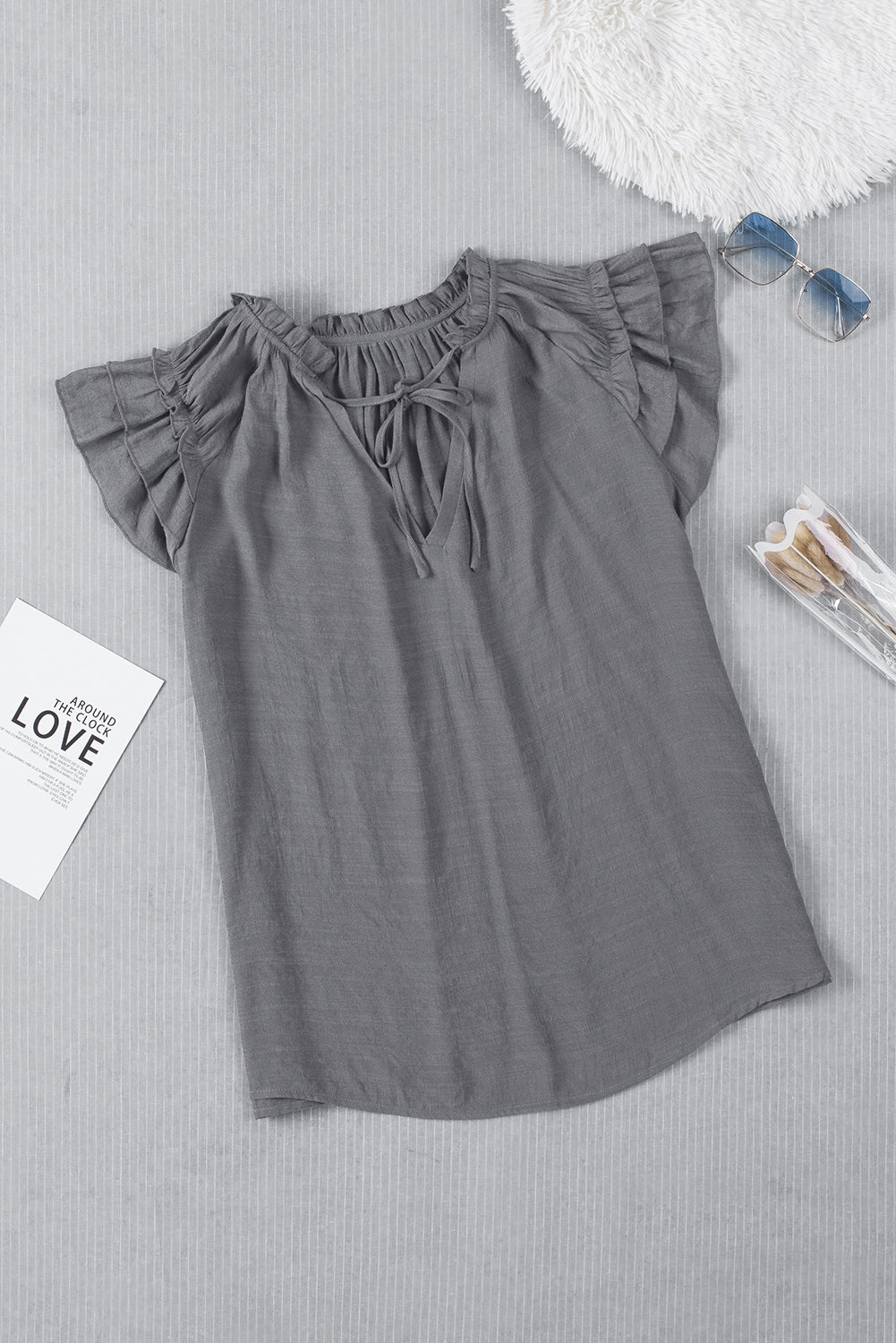 Gray V Neck Tiered Ruffle Sleeve Summer Top